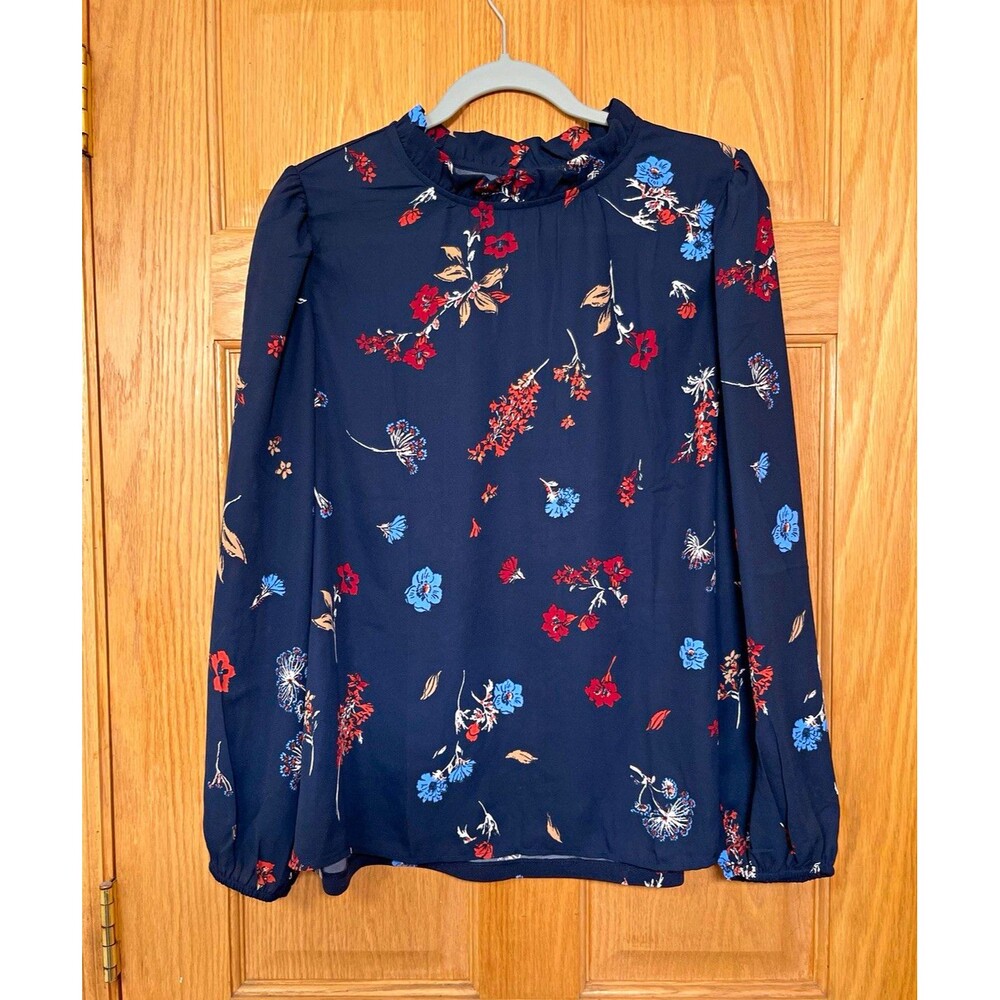 Ann Taylor Factory Womens Large Floral Ruffle Neck Blouse Navy Long Sleeve Top